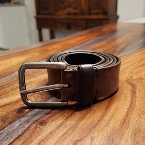 Men's Leather Belt Brown Nice Condition Weathered Silver Buckle Large